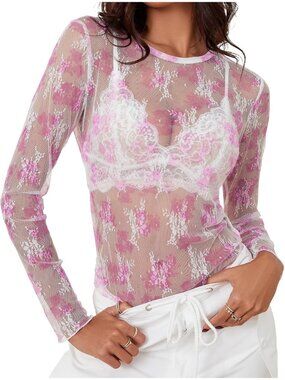 〽️Women's Pink Mesh Long Sleeve Crew Tank Top Neck Tee Shirts Party Blouse